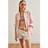 HOXTON GAL Women's Oversized Muslin Button-Up Shirt with Front Pockets in Pink | Size: Small