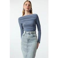 HOXTON GAL Women's Boat Neck Draped Long Sleeve Fitted Top in Indigo | Size: Large