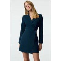HOXTON GAL Women's Tailored Woven Mini Blazer V Neck Dress with Button Detail in Dark Blue | Size: 14