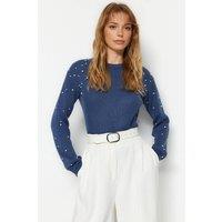 WOVCOR Women's Crew Neck Knit Sweater with Pearl Details in Blue | Size: Large