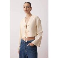 WOVCOR Women's Striped Woven Shirt with Tie Detail in Beige | Size: 10