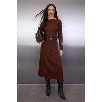 WOVCOR Women's Off-Shoulder Ribbed Knit Belted Maxi Dress in Brown | Size: Medium