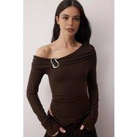 WOVCOR Women's Asymmetric Ring Detail Long Sleeve Top in Dark Brown | Size: XL