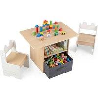CASART Kids Table & 2 Chairs Set Wooden Activity Table Set w/ Drawer in Natural