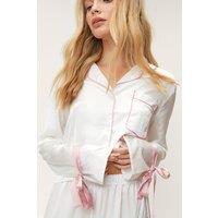 NastyGal Women's Satin Contrast Piping Tie Sleeve Pajama Pants Set in Ivory | Size: Small