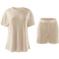 MODISHION Women's Solid Short Sleeve Loungewear Set in Beige | Size: Medium