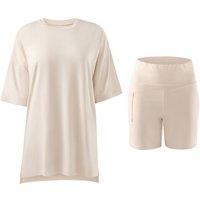 MODISHION Women's Minimalist Short Sleeve Loungewear Set in Beige | Size: Small