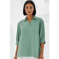 Big Dart Women's Polo Collar Loose Fit Blouse in Dark Green | Size: Small