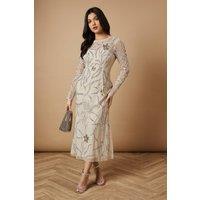 Oasis Women's Hand Embellished Long Sleeve Midi Dress in Neutral | Size: 8