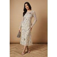 Oasis Women's Hand Embellished Long Sleeve Midi Dress in Neutral | Size: 10