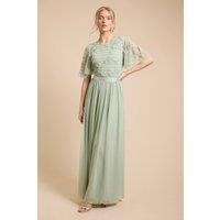 Oasis Women's Floral Embellished Mesh Angel Sleeve Maxi Dress in Sage | Size: 12