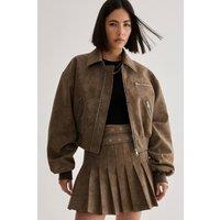 NastyGal Women's Distressed Faux Leather Bomber Jacket Co-Ord in Brown | Size: 16