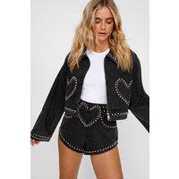 NastyGal Women's Heart Studded Cropped Denim Jacket in Washed Black | Size: 18