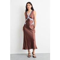 Warehouse Women's Lace Embroidered Insert Midi Bias Dress in Chocolate | Size: 16