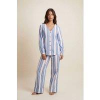 The Night Store Women's Stripe Cotton V Neck Pyjama Trouser Set in Light Blue | Size: 18-20