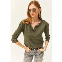 HOXTON GAL Women's Regular Fit Buttoned Fleece-Lined Loose Sweater in Khaki | Size: Large/XL
