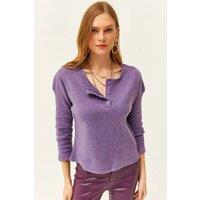HOXTON GAL Women's Regular Fit Buttoned Fleece-Lined Loose Sweater in Purple | Size: Large/XL