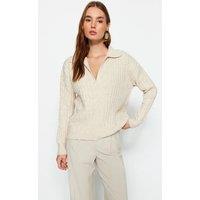 HOXTON GAL Women's Oversized Ribbed Knit Sweater with Polo Collar & Deep V-Neck in Stone | Size: Large