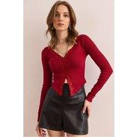 HOXTON GAL Women's Slim Fit Lace Detail Blouse in Burgundy | Size: Large