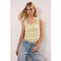 HOXTON GAL Women's Square Neck Ruched Sides Crop Top with Shoulder Bow Detail in Yellow | Size: Large