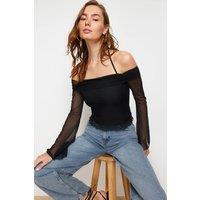 HOXTON GAL Women's Regular Fit Off-Shoulder Mesh Sleeve Top with Flared Cuffs in Black | Size: Large