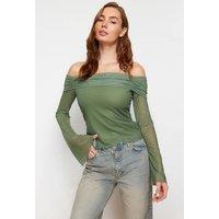 HOXTON GAL Women's Regular Fit Off-Shoulder Mesh Sleeve Top with Flared Cuffs in Khaki | Size: Medium
