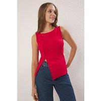HOXTON GAL Women's Asymmetric Button Front Ribbed Knit Sleeveless Top in Red | Size: Medium