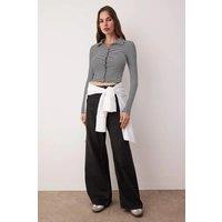 HOXTON GAL Women's Bodycon Ribbed Stretch Polo Neck Crop Top with Button Detail | Size: Small