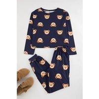 HOXTON GAL Women's 100% Cotton Knitted Teddy Bear Print Pyjama Set in Navy | Size: XS