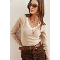 HOXTON GAL Women's V-Neck Ribbed Stretch Blouse with Contrast Neck Detail in Stone | Size: Large/XL