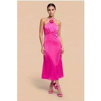 Little Mistress Women's Pink Satin Rosette Midaxi Dress | Size: 12