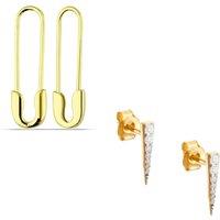 Spero London Women's Long Pave Dagger Stud & Safety Pin Earring Set in Gold