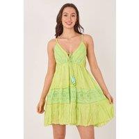 ELAINA FASHION Women's Bohemian Lace Detail Mini Dress in Lime