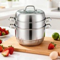 Living and Home 3-Tier Thickened 304 Stainless Steel Steamer Pot Steel Steaming Basket in Metallic Silver | Size: 28 cm