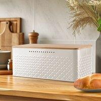 Living and Home Countertop Metal Bread Box Container Bin with Bamboo Lid in White