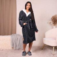 OHS Flannel Fleece Hooded Dressing Gown Sherpa Bathrobe in Dark Grey | Size: Medium/Large