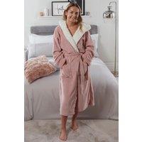 OHS Flannel Fleece Hooded Dressing Gown Sherpa Bathrobe in Baby Pink | Size: Medium/Large