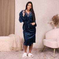 OHS Flannel Fleece Hooded Dressing Gown Sherpa Bathrobe in Navy | Size: Medium/Large