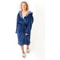 OHS Flannel Fleece Hooded Dressing Gown Sherpa Bathrobe in Midnight