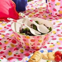 OHS Summer Print Plastic Picnic Salad Bowl Utensil Set Lightweight in Pink