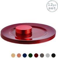 Argon Tableware 12pc Metallic Charger Plates & Coasters Set - Reusable Table Placemats in Red