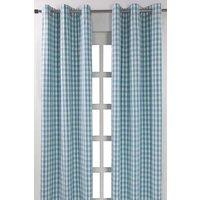 Homescapes Cotton Block Check Gingham Eyelet Curtain Pair in Blue | Size: 140 cm width x 229 cm drop