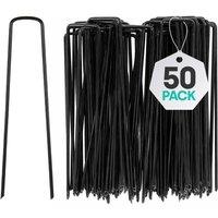 LIVIVO U Shape Ground Pegs 50 Pack Garden Pegs for Artificial Grass Weed Membrane Netting Heavy Duty 150mm in Black