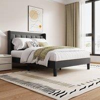 Dprodo Bed Frame with Linen Upholstered Tufted Headboard in Grey | Size: Single