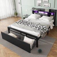 BTM Metal Bed with LED, Charging Ports & Storage Drawers in Black | Size: Double