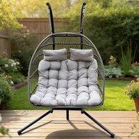 Fimous Indoor Outdoor Rattan Double Egg Hanging Chair Garden & Thick Cushion in Dark Grey