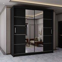 MN Furniture Wardrobe Modern Sliding Mirror Door - LED Light 150cm x 217cm in Black | Size: 150 cm x 217 cm