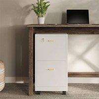 VOGREX White 2 Drawer Office Cabinet, Wooden Lock Desk Unit with 4 Wheels