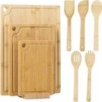 EONLION Natural Bamboo 3-Piece Chopping Board Set with Stand & 5 Utensils