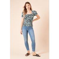 Dorothy Perkins Women's Blue Leopard Shirred Detail Puff Sleeve Top | Size: 8